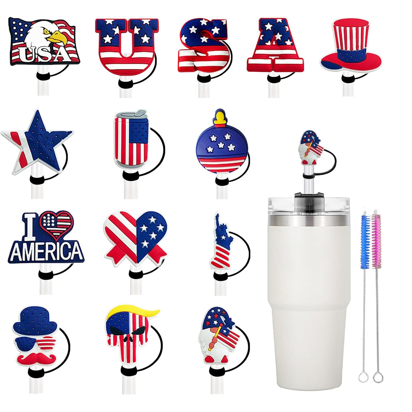 14Pcs Straw Covers Cap for 4th of July Silicone Patriotic Straw Toppers for Stanley 30/40 Oz Tumblers Independence Day US Flag Reusable Portable Drinking Straw Tips Lids for 0.4inch/10mm Straw