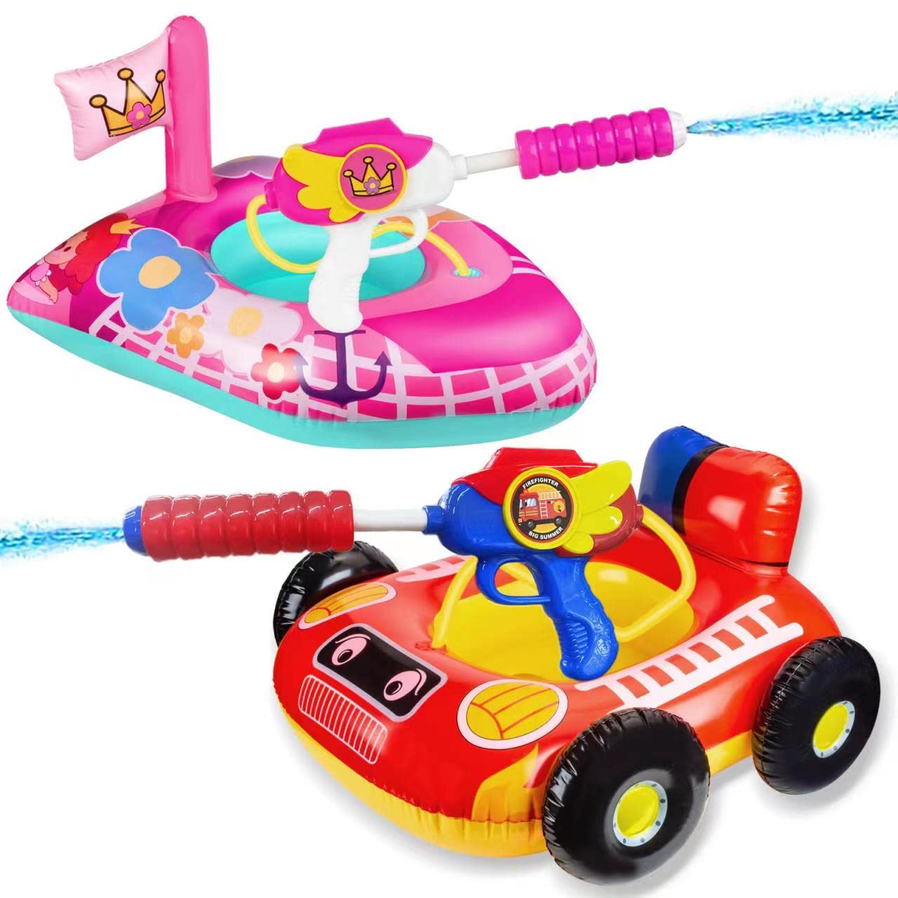 2 Pack Kids Pool Floats with Squirt Gun Inflatable Pool Toys for Kids Pink Flower Princess Pool Toys for Girls Blow up Fire Truck Pool Floats for Toddlers,Baby Water Float Summer Pool Game Toys