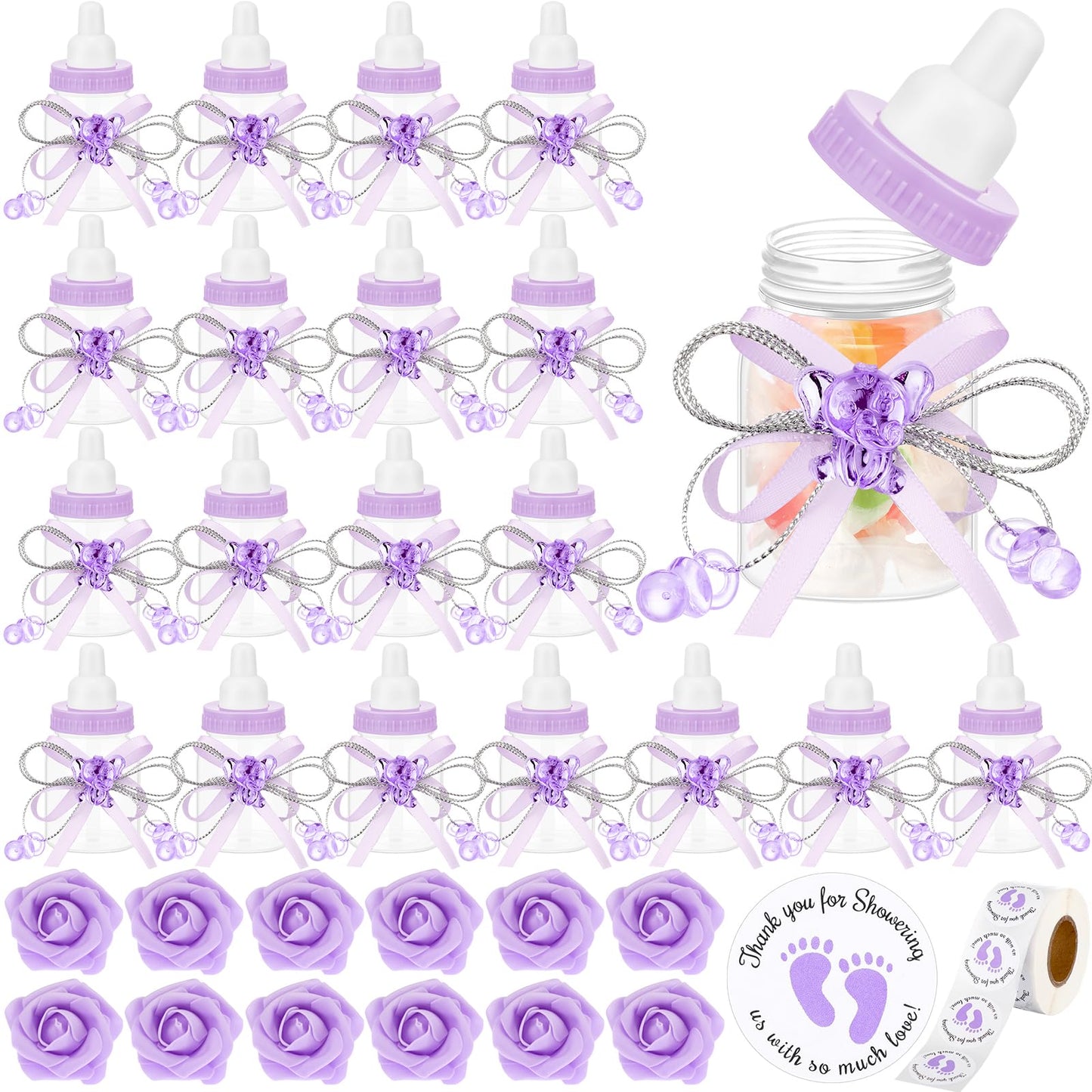 TrelaCo 61 Pcs Baby Shower Bottles Bulk Mini Elephant Plastic Milk Bottle Baby Shower Candy Favor Feeding Baby Bottles with Artificial Roses Sticker Gifts for Newborn Baptism Party Decor(Purple)