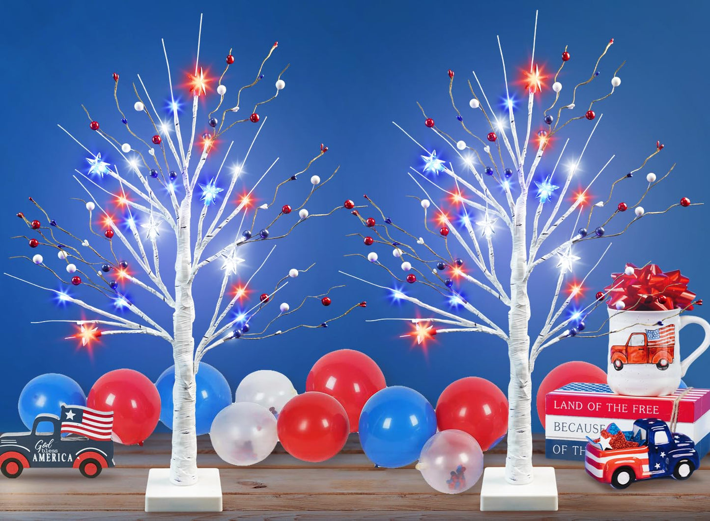 Ruidazon 24" 4th of July Decoration Lighted Patriotic Tree with Red White Blue Star 24 LED Lights Timer Battery Operated Artificial Birch Table Tree for Flag Day Independence Day Centerpiece Decor