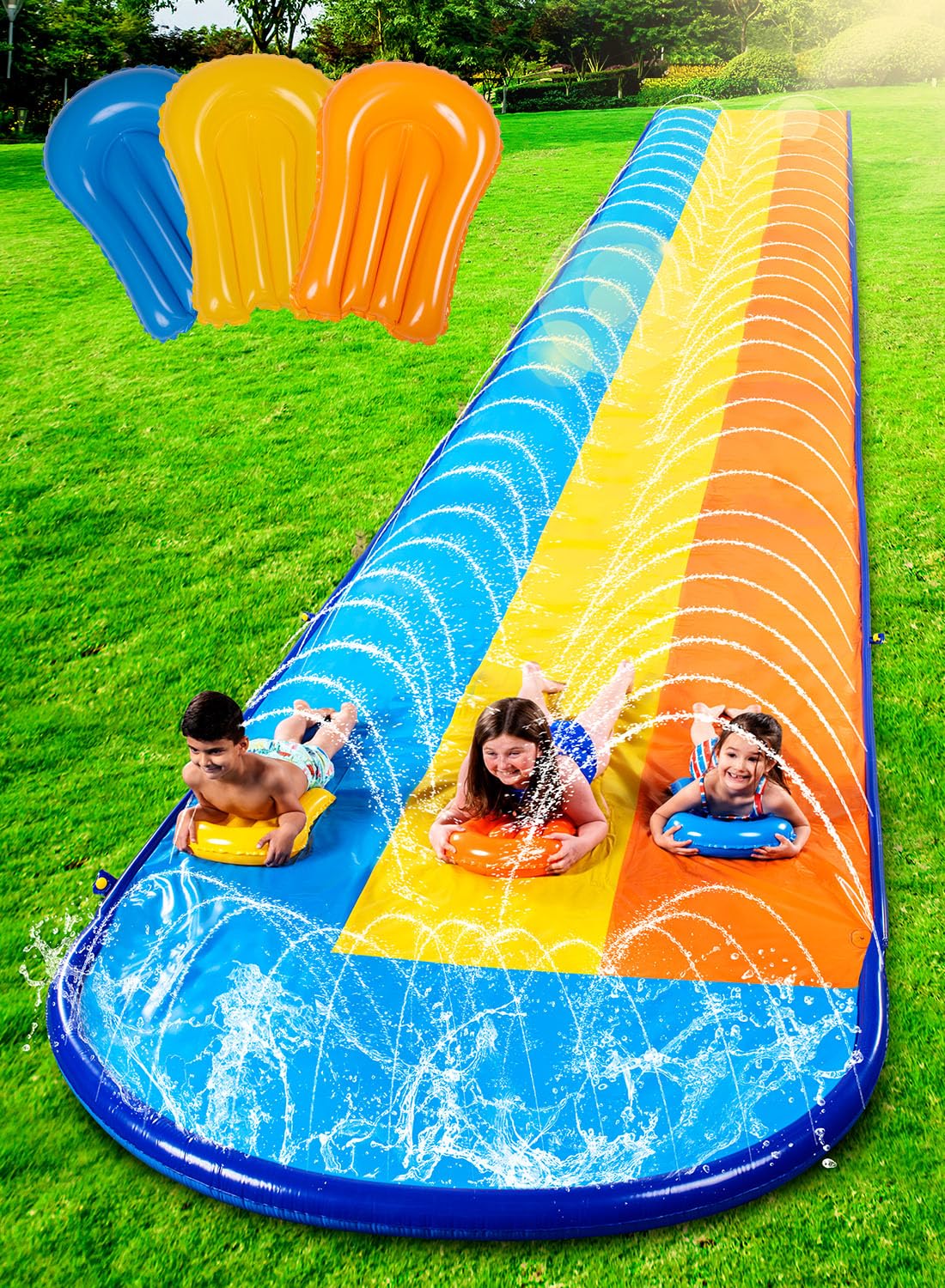 Sloosh 22.5ft Triple Water Slide and 3 Body Boards Backyard Lawn Water Slides with Outdoor Slip Sprinkler for Kids Adults Summer Water Fun Toy