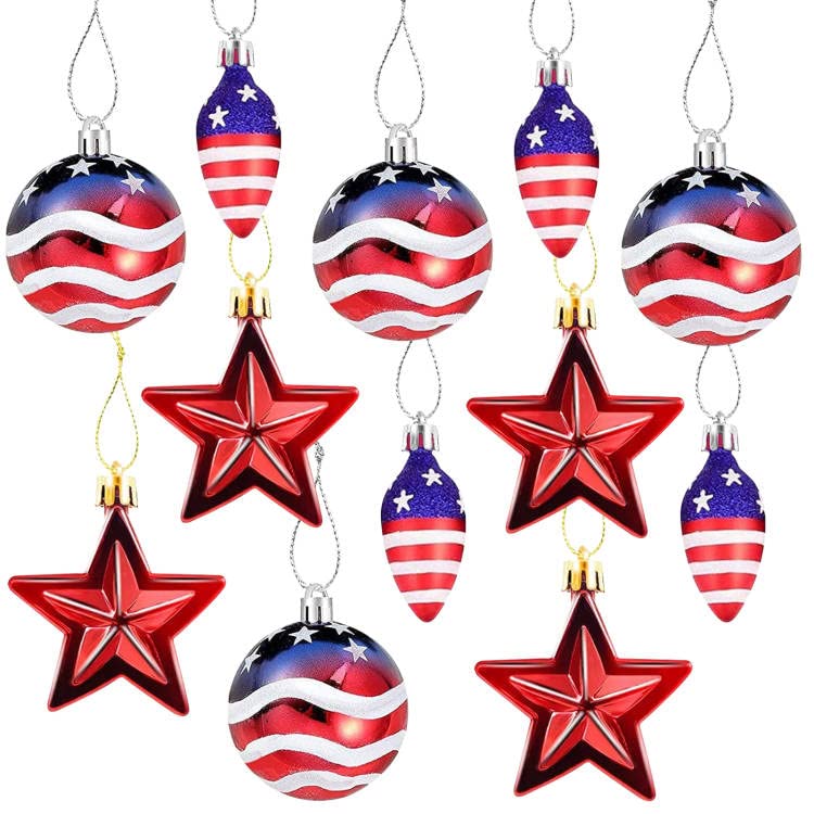 Sfcddtlg 12 Pcs Patriotic Ornaments Hanging Balls- 4th of July Independence Day Tree Ornaments- Red White Blue Stars Balls for Holiday Wedding Veteran Day Tree Decorations